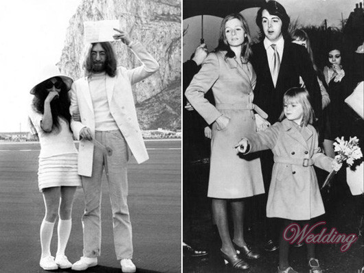 Наречена фронт-мена The Beatles Джон Леннон творча і неординарна Йоко Оно з'явилася на весілля, яке відбулося на Піренейському півострові 20 березня 1969, в білій футболці, міні-спідниці, крислатому капелюсі, гольфах і величезних сонцезахисних окулярах